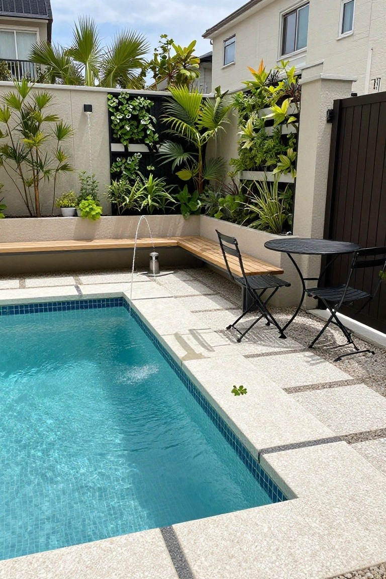 Corner of an inground pool with light pebble-look decking featuring dark linear strips, built-in wooden bench, black metal bistro table and two chairs, wall fountain, and tropical plants against a beige wall.