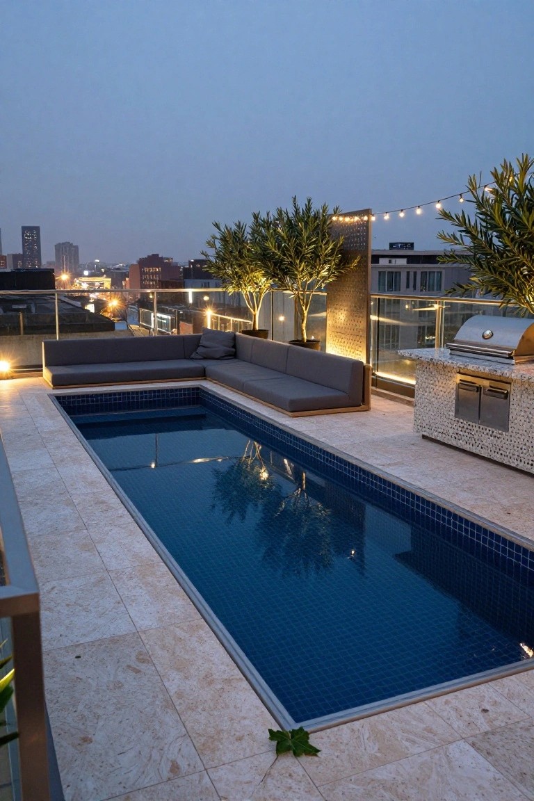 Rooftop pool deck with light travertine tile surround, rectangular blue mosaic pool, gray L-shaped outdoor sofa, built-in white BBQ counter, potted olive trees, string lights, and glass railing overlooking city buildings at dusk.