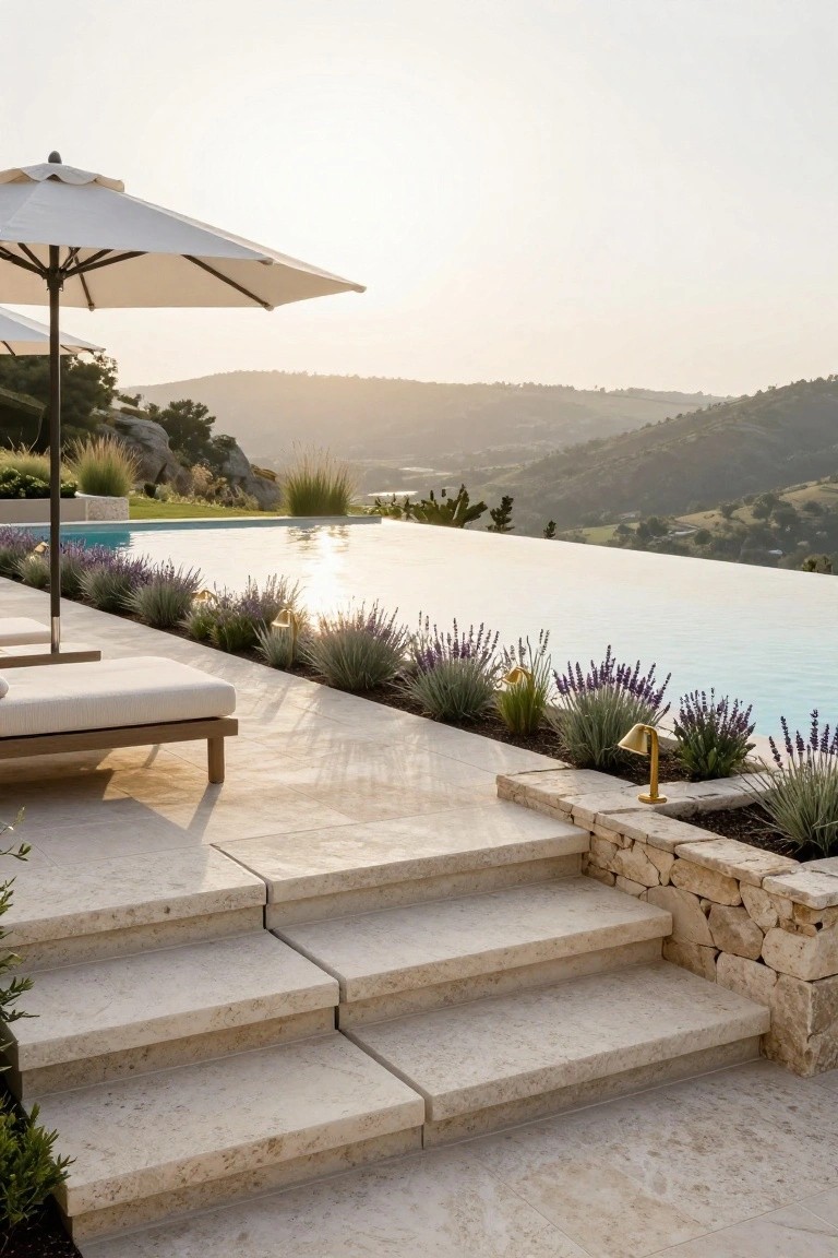 Infinity-edge pool with light travertine decking, lavender plant borders, lounge chairs, stone steps, gold outdoor lights, and distant hillside view at sunset.