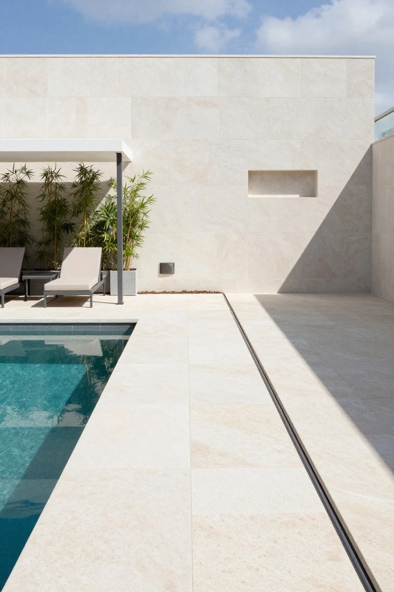 A modern infinity-edge pool with turquoise water, surrounded by large light beige travertine tiles on the deck including a linear drain, two beige loungers under a white pergola with bamboo plants, against a tall white stucco wall under partly cloudy sky.