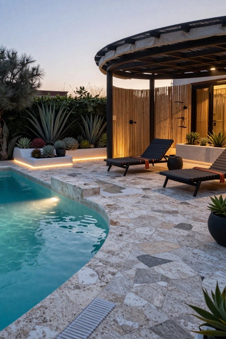 Curved turquoise pool with white and gray pebbled travertine decking, black loungers, white planters with succulents, bamboo screens, and a curved pergola at dusk.