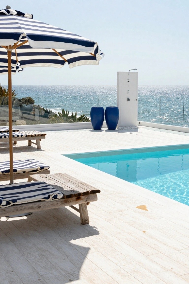 White planked travertine pool deck with striped umbrellas over wooden loungers, blue ceramic pots, outdoor shower structure, turquoise pool, and ocean view through glass railing.