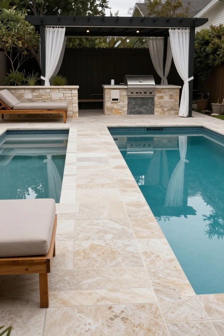 Backyard pool area with light travertine tiled deck surrounding a small spa pool and larger turquoise lap pool, stone BBQ kitchen under black pergola with white curtains, wooden lounge chairs, and greenery.