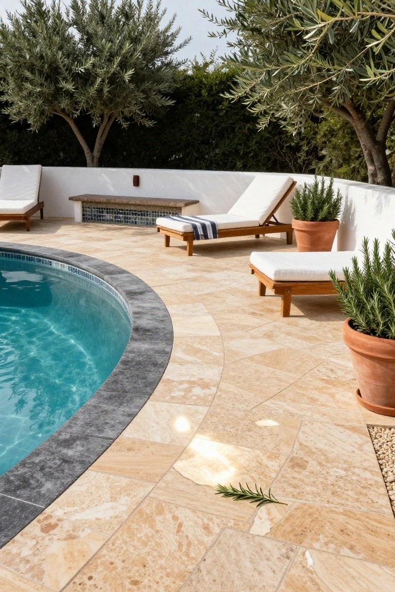 Curved turquoise swimming pool with light beige travertine deck tiles edged in dark gray stone, white cushioned lounge chairs on wooden frames, potted rosemary plants, and olive trees against a white stucco wall.
