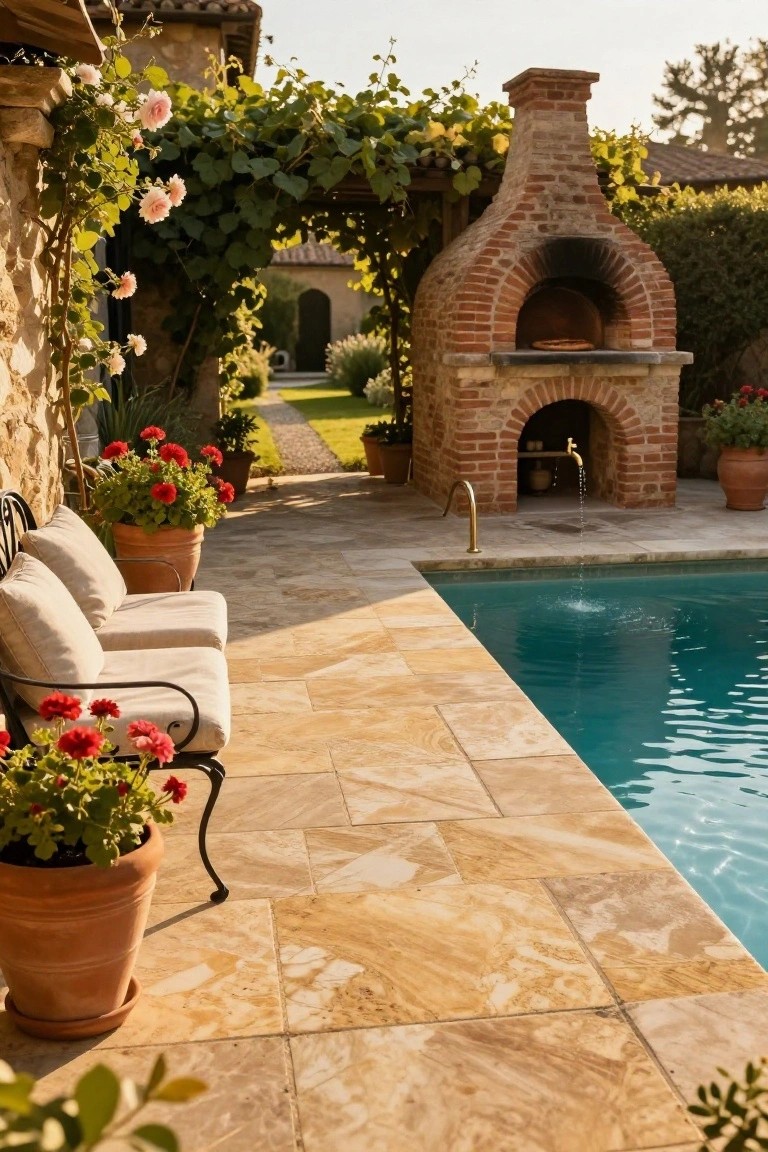 Beige travertine tiled pool deck with wrought iron benches, cushions, potted red geraniums, brick pizza oven, and adjacent blue swimming pool.