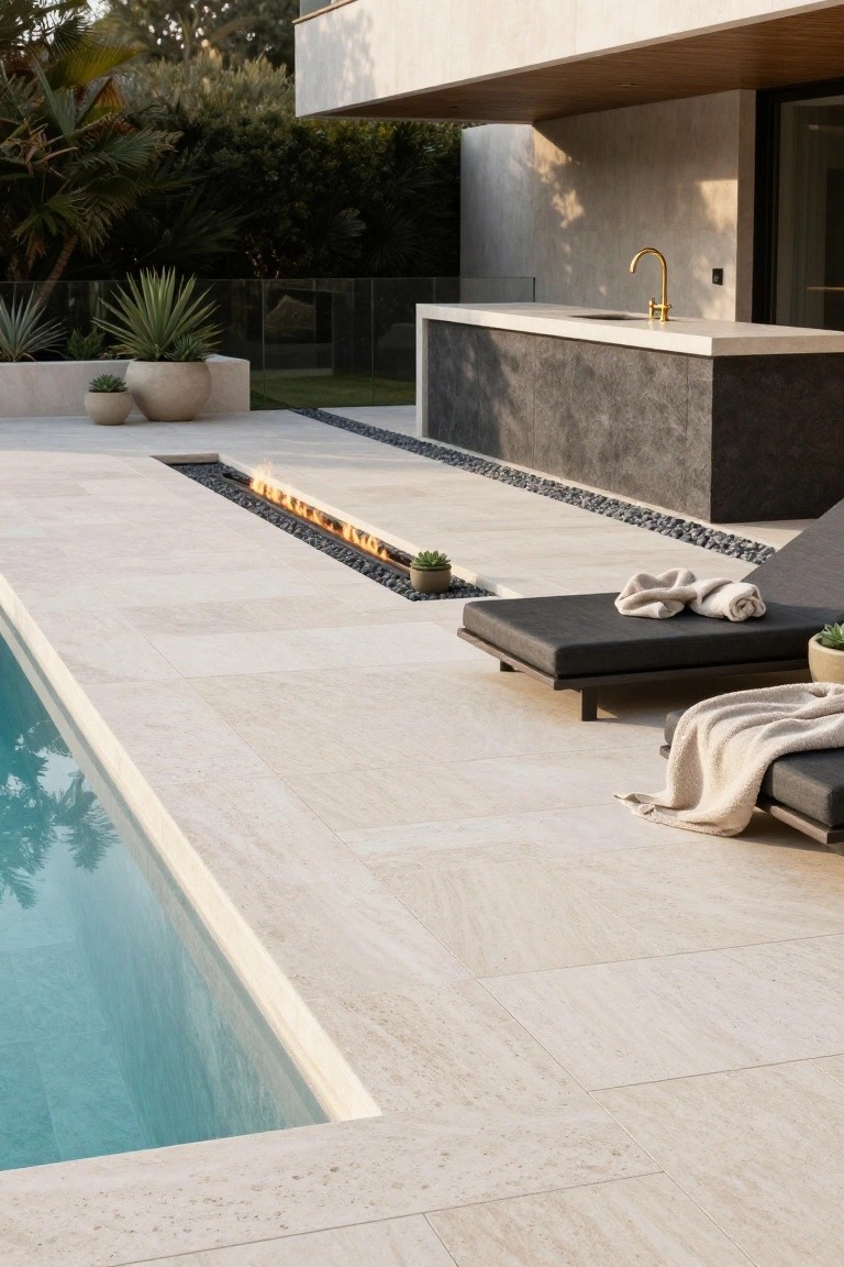 Modern luxury patio with pool, fire pit, and outdoor kitchen.