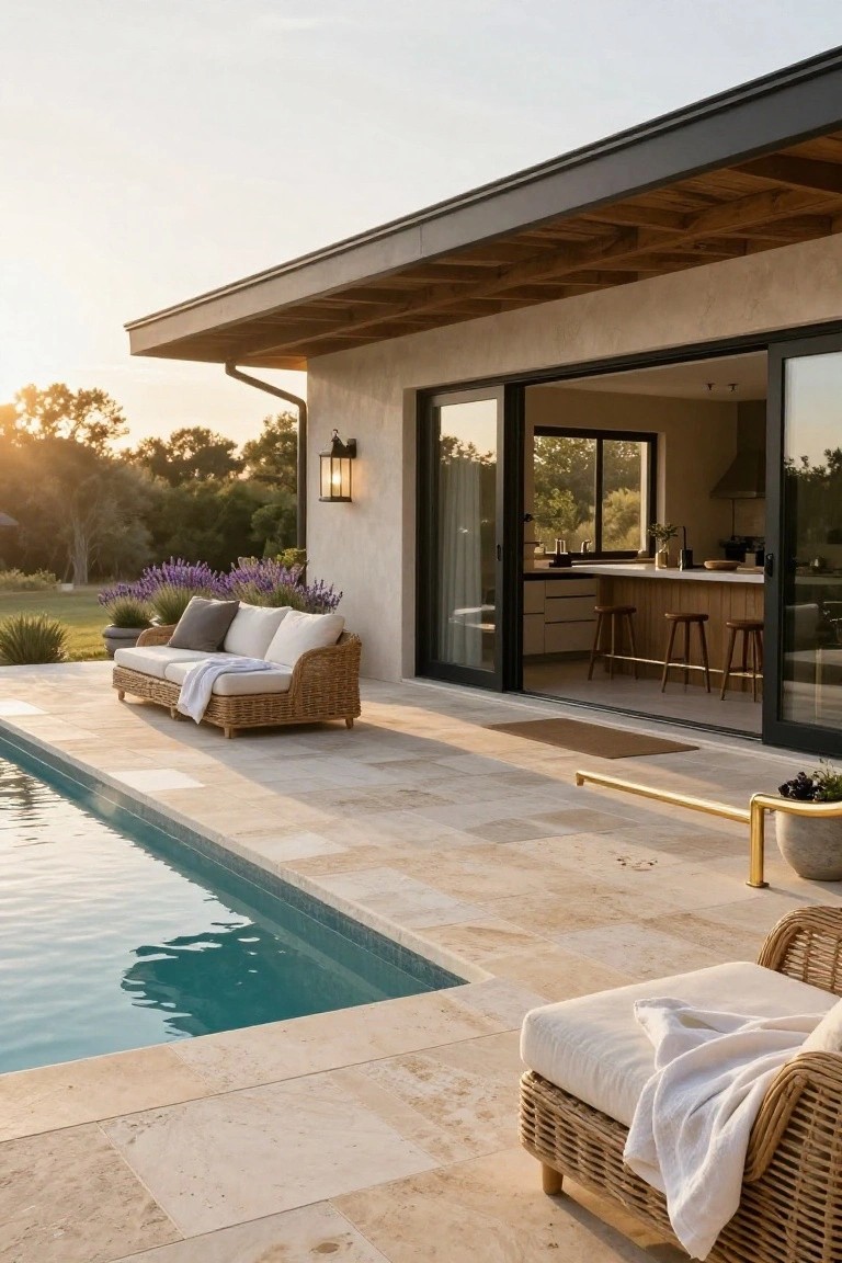 Pool deck paved in light travertine tiles next to a turquoise pool, with rattan sofa and lounger on the deck, open sliding glass doors to a modern kitchen interior, lavender plants in pots, and trees in the background at sunset.
