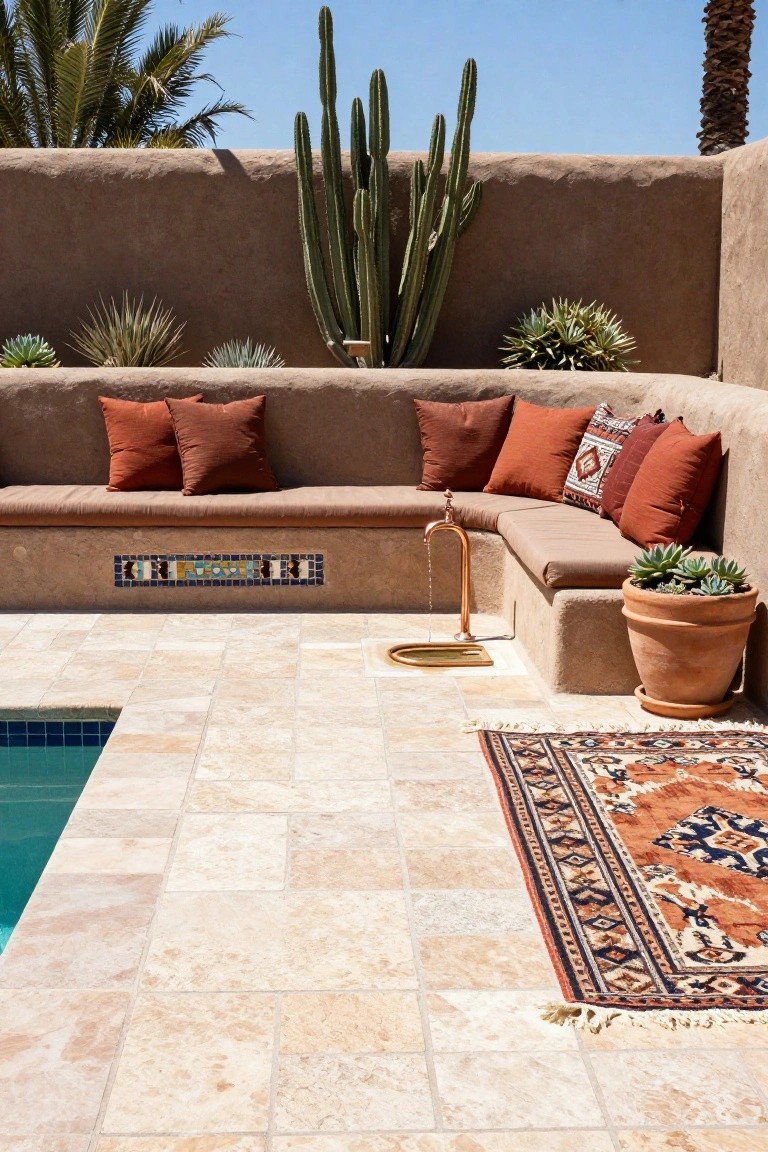 Beige travertine pool deck with built-in tan benches topped by orange cushions, flanked by potted succulents and agaves against adobe walls, next to a blue-tiled pool edge and a patterned rug.