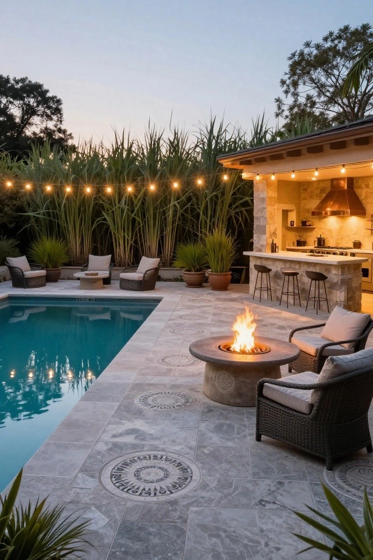 Stone pool deck paved in light gray travertine tiles with circular medallion patterns, next to a turquoise pool, featuring wicker lounge chairs, a round gas fire pit table, potted plants, and a distant outdoor kitchen with string lights at dusk.
