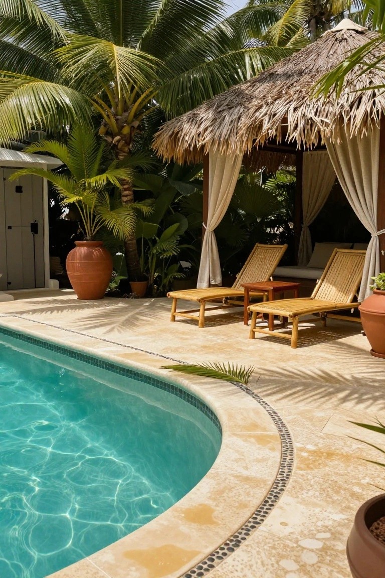 Curved turquoise pool edged by light travertine decking with black pebble inlays, next to a thatched cabana sheltering bamboo lounge chairs amid tropical plants and large terracotta pots.