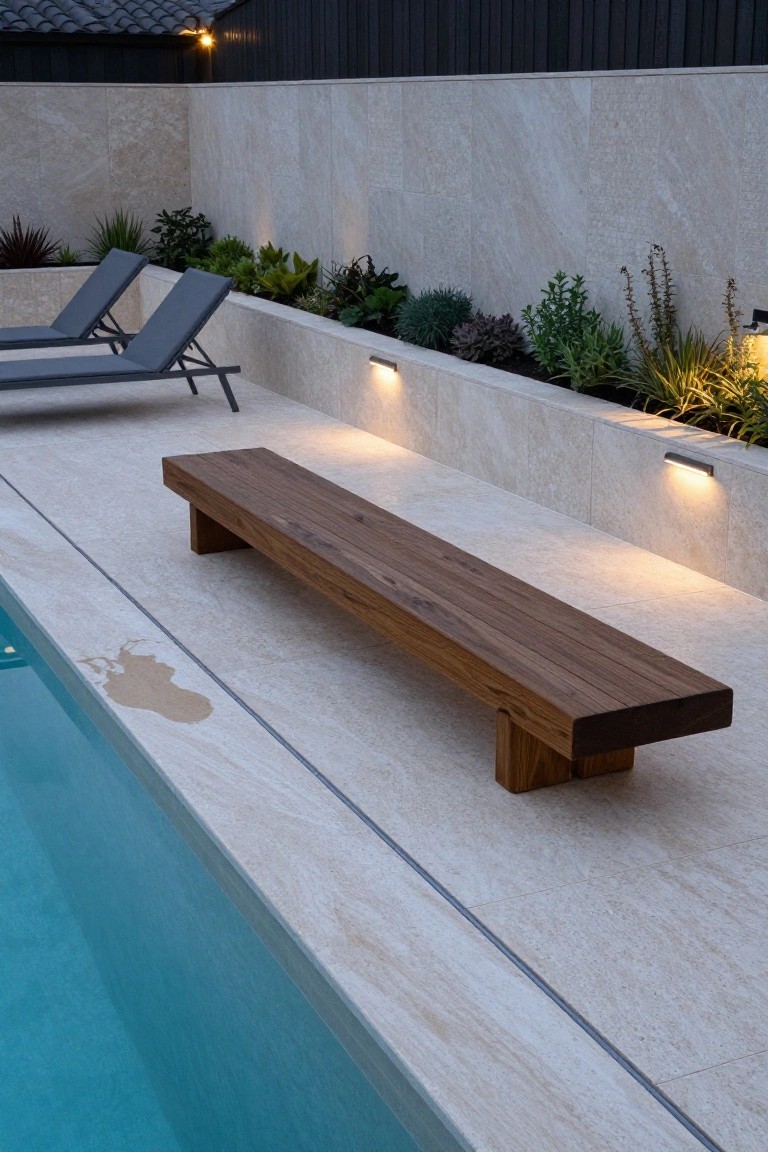 Long wooden bench positioned parallel to a swimming pool on a light beige travertine deck, with nearby potted plants, loungers, and wall lights.