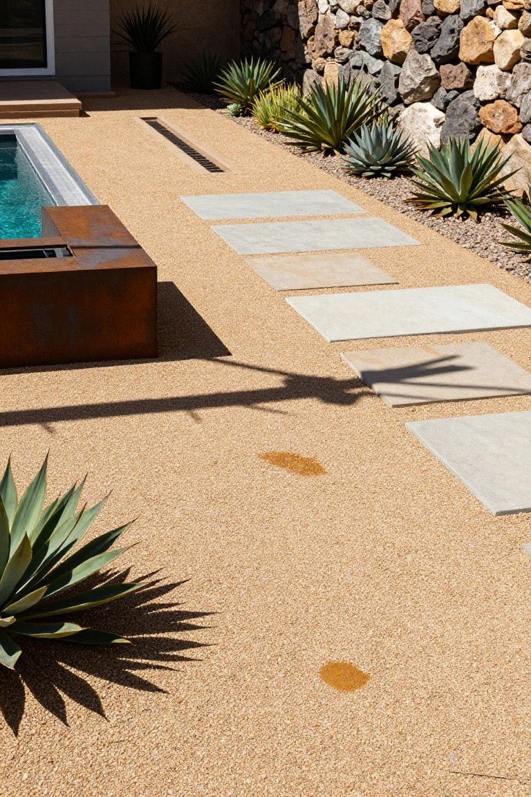 Tan decomposed granite pool deck with light gray concrete stepping stones leading to a corten steel fire pit box, turquoise pool water, and agave plants against a rock wall.