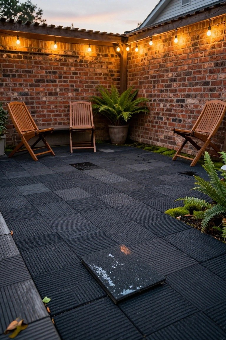 Corner outdoor patio with black textured interlocking tiles on the deck, three wooden folding chairs, potted ferns, brick walls, wooden fence with string lights overhead, and some greenery at dusk.