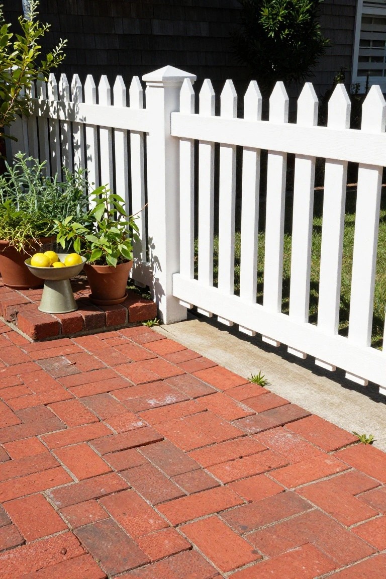 Red brick pavers form a patio walkway next to a white picket fence, with potted plants, lemons in a bowl, and herbs nearby on a concrete edge.