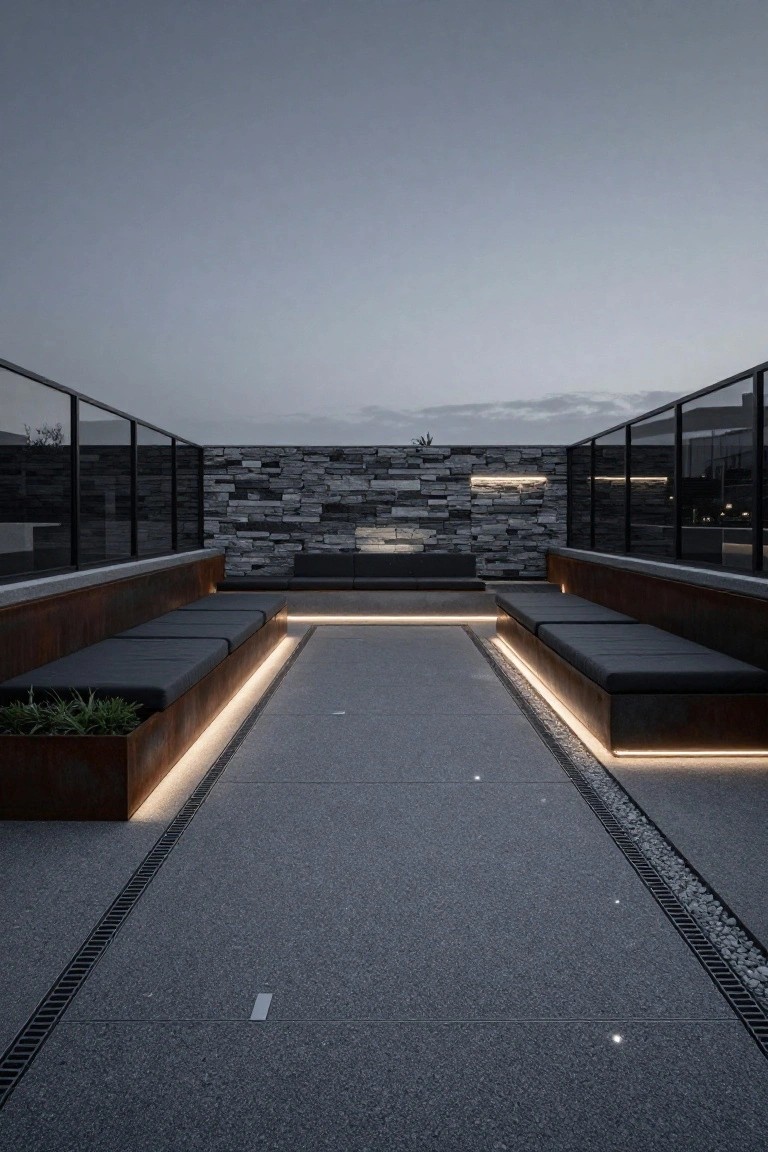 Rooftop terrace featuring dark gray aggregate deck surface with linear gravel drainage channels and recessed LED lighting along corten steel benches and planters, flanked by a stone wall and glass railings at dusk.