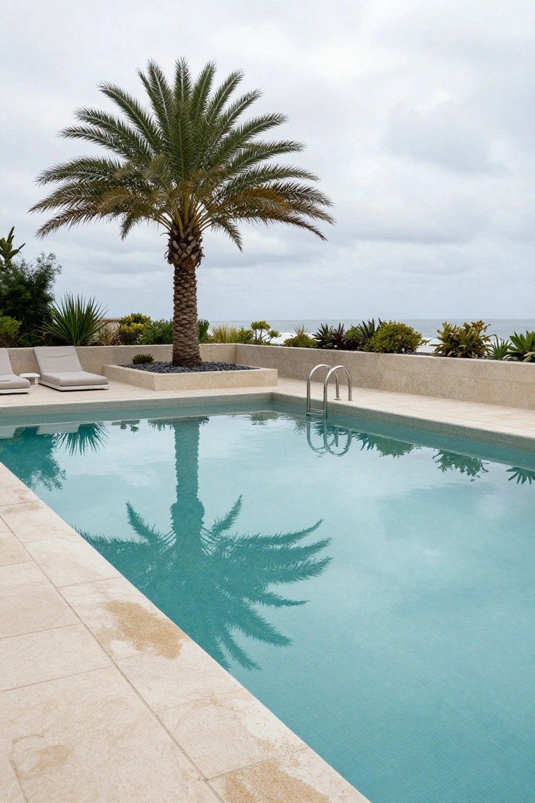 Rectangular turquoise pool with light beige travertine stone decking, two beige lounge chairs, a tall palm tree reflected in the water, low greenery planters along a beige wall, and ocean horizon under cloudy sky.