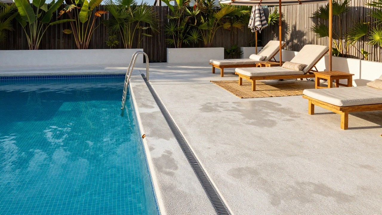 Smooth light gray polished concrete pool deck next to a rectangular blue-tiled pool, with wooden loungers, white planters, and a striped umbrella nearby.