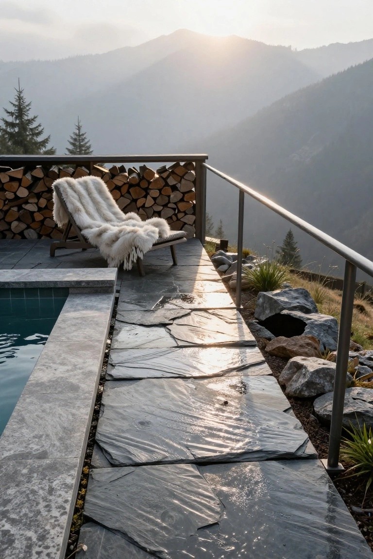 Pool deck edged in gray slate slabs with white marble coping, a lounge chair draped in white fur next to stacked firewood, stainless steel railing, and rocky plantings overlooking distant mountains in hazy sunset light.