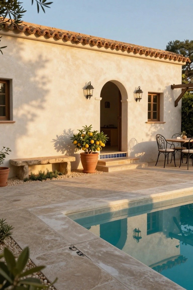White stucco house wall with arched doorway and lanterns adjacent to a pool deck of light beige stone pavers surrounding a turquoise pool, with outdoor bistro table, chairs, stone bench, and potted citrus trees.