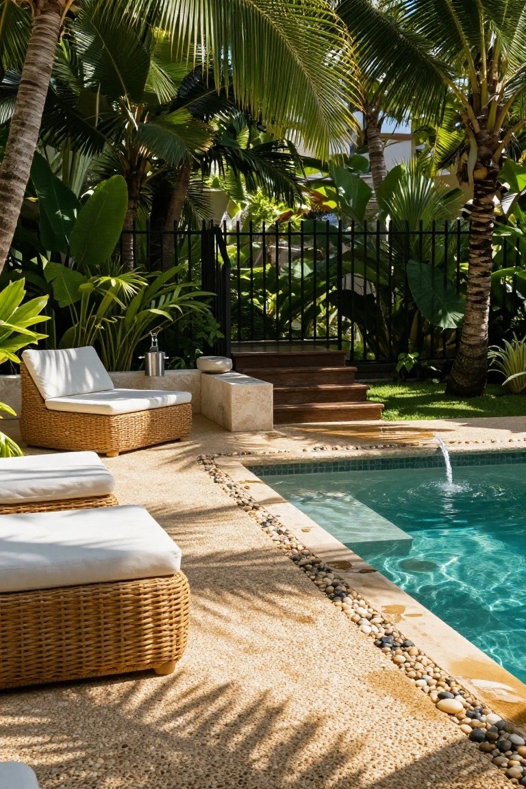 Turquoise pool with pebble aggregate deck and stone border, wicker loungers, stone steps, and tropical plants behind a black metal fence.