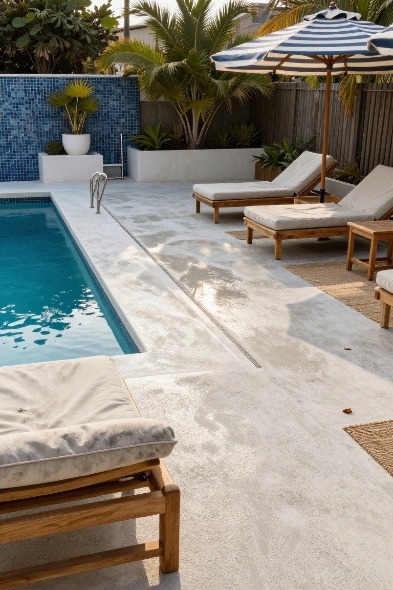 Smooth light gray polished concrete pool deck next to a rectangular blue-tiled pool, with wooden loungers, white planters, and a striped umbrella nearby.