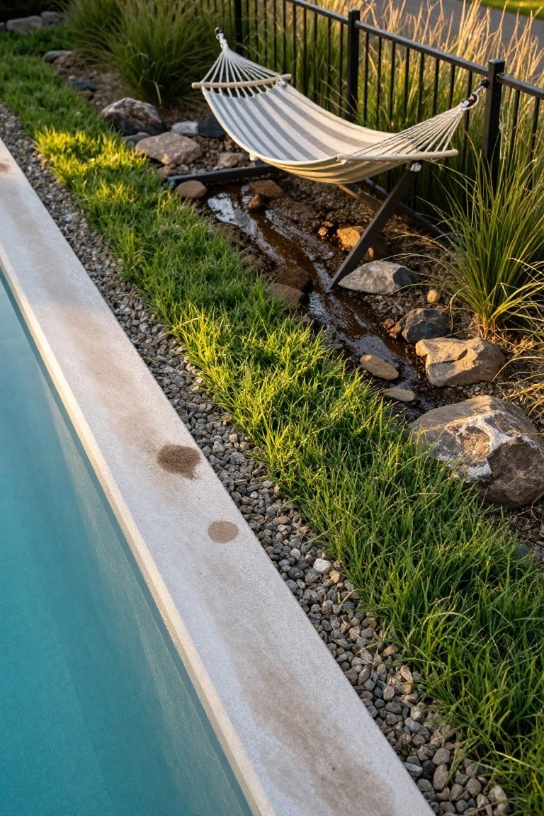 Pool deck with light concrete surface edged by pebbles, grass, and rocks, a hammock stand positioned nearby, and blue pool water visible.