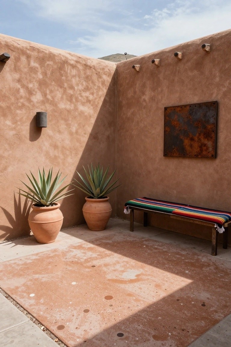 Corner outdoor patio with tan adobe walls, two agave plants in orange terracotta pots, wooden bench draped with multicolored striped blanket, rusted rectangular metal artwork on wall, and rough reddish-brown textured concrete floor.