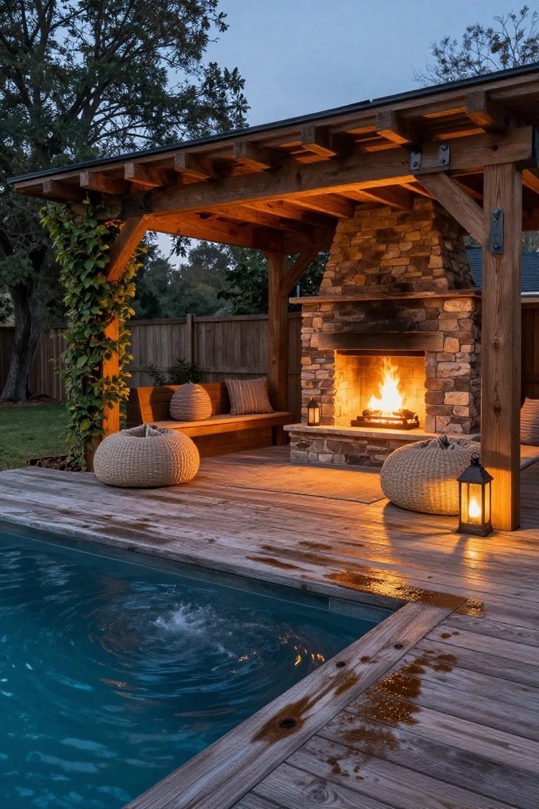 Wooden deck surrounding a pool with bubbling water, featuring a covered pergola, stone outdoor fireplace with fire, built-in bench, rattan poufs, and hanging lanterns at dusk.