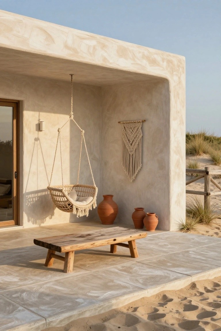 Covered outdoor patio with light beige smooth floor, hanging rattan swing with cushions, macrame wall hanging, three terracotta pots, wooden bench table, wooden door, and sandy beach dunes in the background.