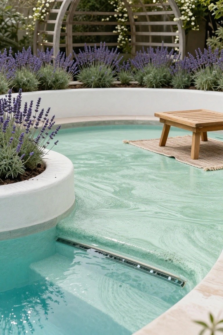 Small curved pool with teal-coated deck surface and white walls edged in lavender plants, wooden stool on seagrass rug beside pool, lavender shrubs and wooden pergola with climbing plants in background.