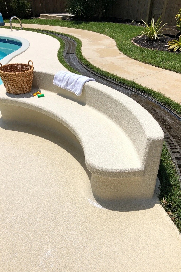 Curved beige textured concrete bench on a pool deck beside a blue kidney-shaped pool, with a wicker basket holding toys, a folded towel, and a dark drainage channel edged in grass.