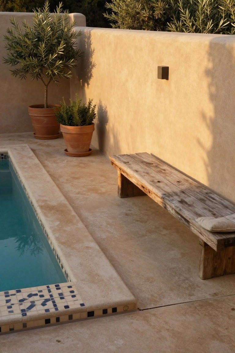Small turquoise pool with dark blue mosaic tile edging on a light beige textured travertine stone deck, potted olive tree and boxwood plants, and weathered wooden bench against tan stucco wall.