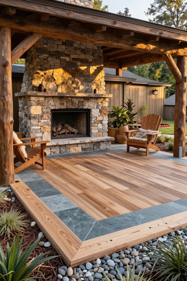 Covered outdoor deck with stone fireplace, wooden plank flooring bordered by gray slate tiles, two Adirondack chairs, potted plants, and gravel landscaping.