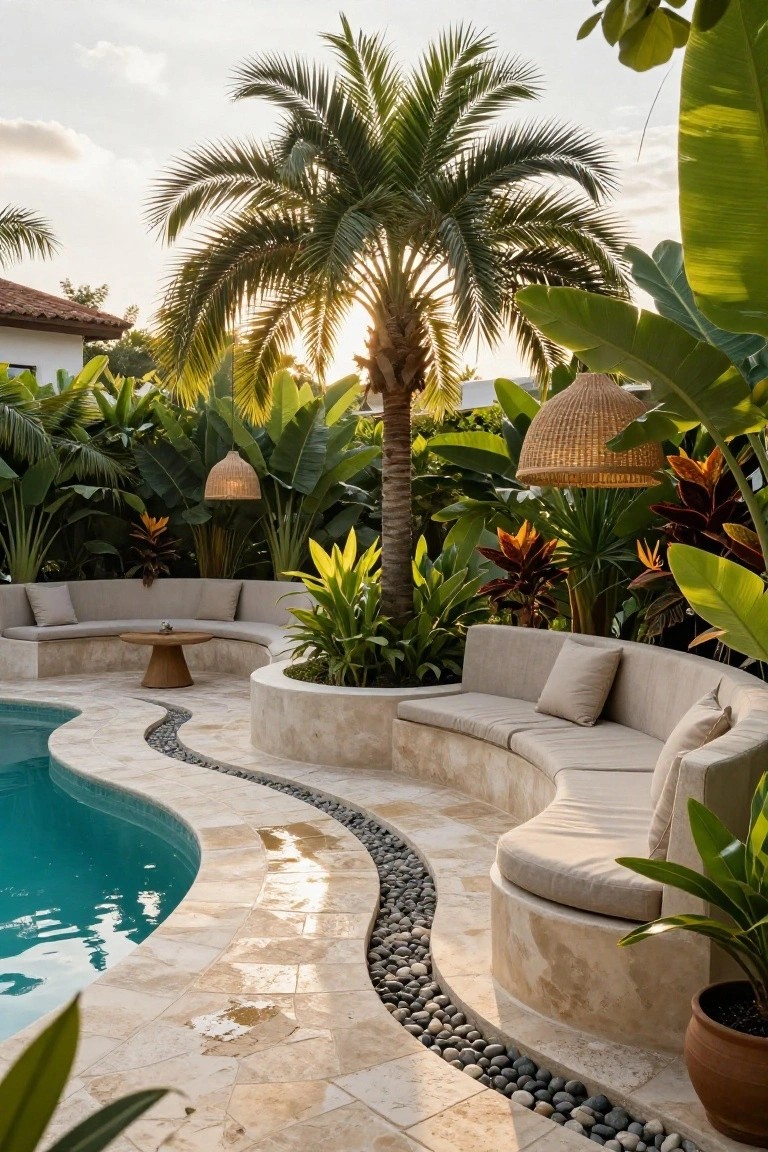 Curved built-in beige stone bench with cushions and a wooden table beside a turquoise pool edged in pebbles, surrounded by tropical plants, palms, and hanging lanterns.