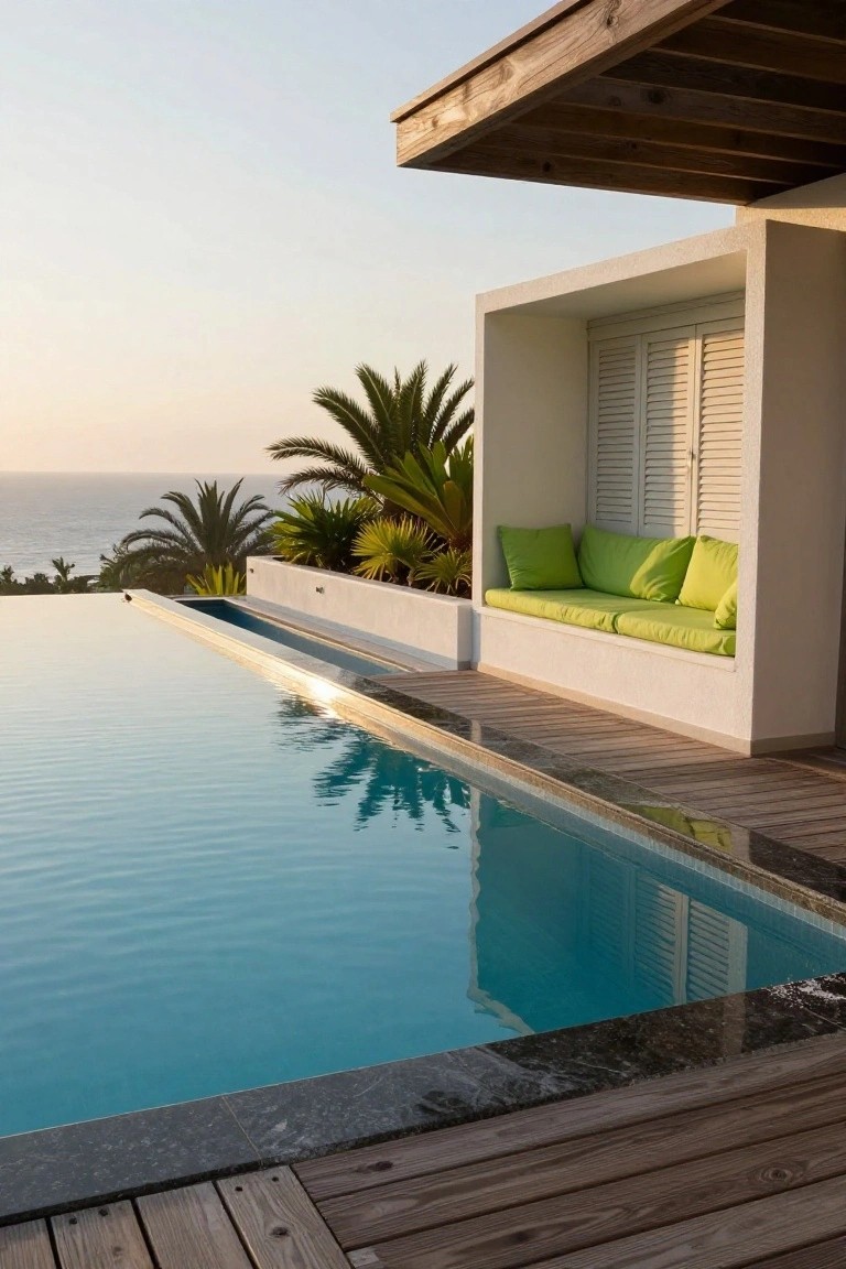 White recessed seating nook with green cushions and louvered shutters beside an infinity-edge pool on a wooden deck, with palm trees and ocean view in the background at sunset.