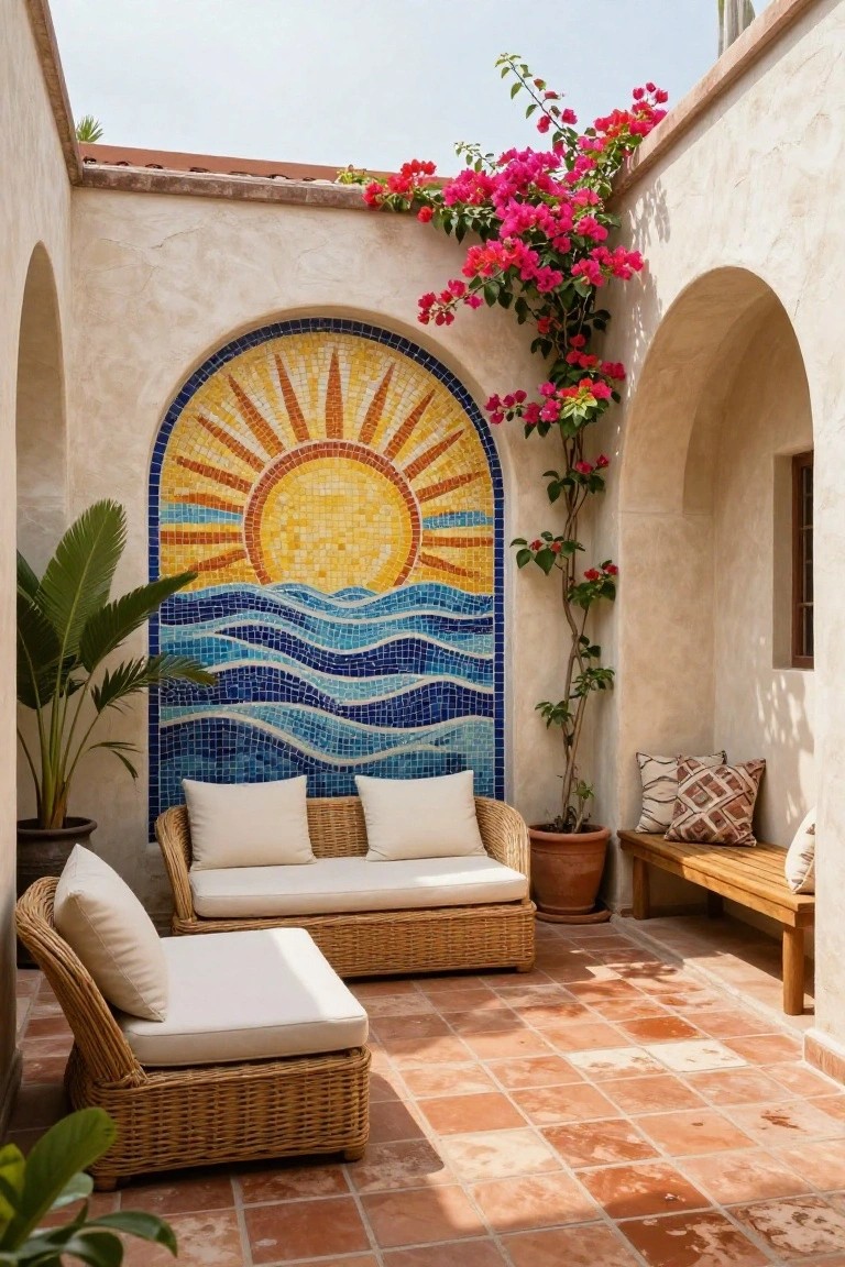 Arched stucco wall with colorful mosaic mural of yellow sun over blue waves in an open courtyard featuring wicker sofas, potted palms, climbing pink bougainvillea, and terracotta tile floor.
