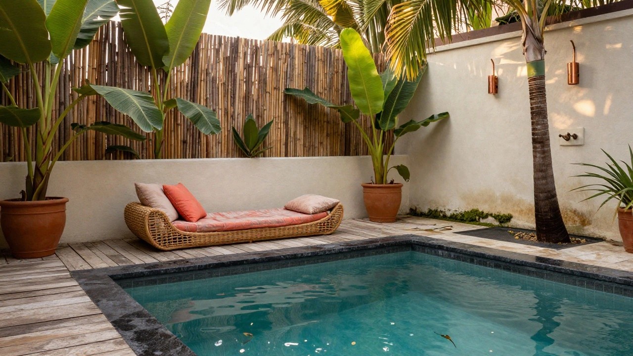 Small turquoise pool with black stone edging and wooden deck, beige woven rattan sofa with orange and beige cushions, surrounded by potted banana plants, palms, and a bamboo door on white walls.