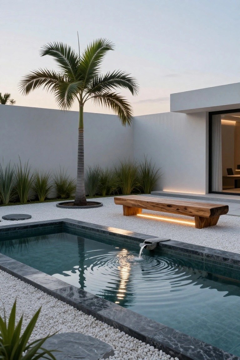 Outdoor courtyard with small rectangular green-tiled pool featuring water spillover, large rectangular wooden bench with yellow LED lighting underneath on white pebble ground, palm tree, grasses, and white wall with glass door.