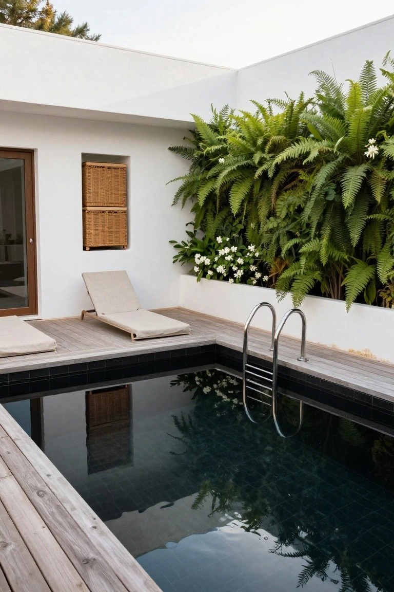 Corner view of a small black-tiled pool with metal ladder, adjacent wooden deck holding a beige lounge chair, white walls covered in dense green ferns, and glass door nearby.