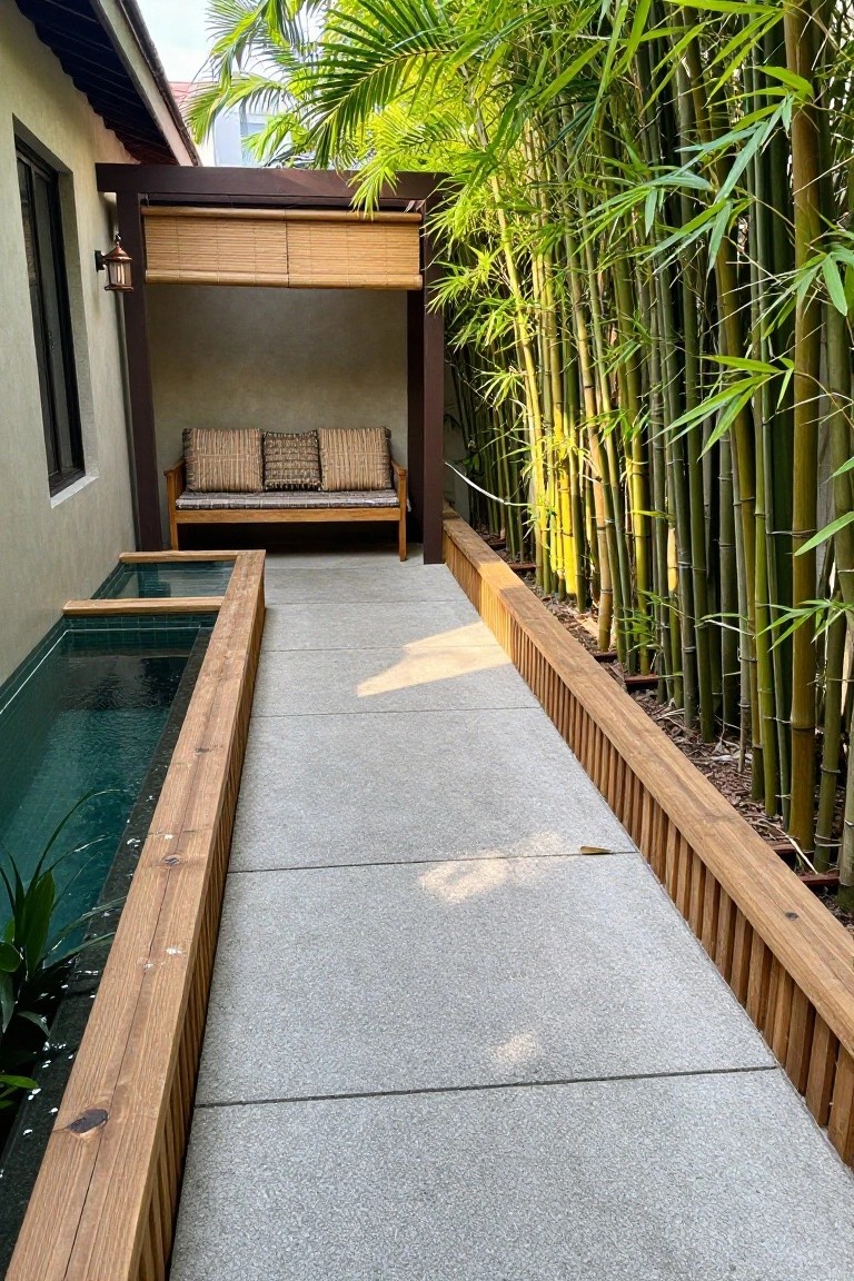 Concrete walkway beside a long narrow turquoise pool with wooden edging, flanked by dense green bamboo on one side and a wooden bench under a covered structure next to a beige wall.