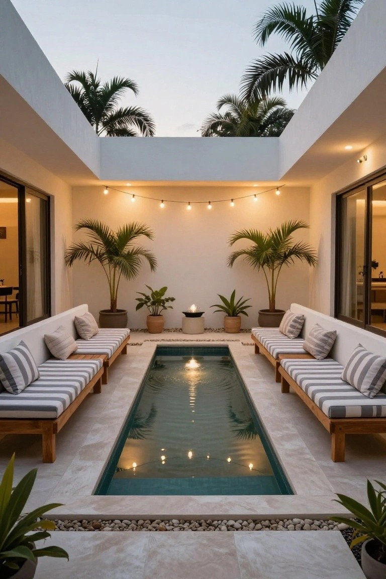 A long narrow turquoise pool runs down the center of a white-walled courtyard with beige tiled floors, flanked by two wooden outdoor sofas with gray-and-white striped cushions and pillows, potted palms and plants on the sides, string lights overhead, and glass doors to interior rooms at dusk.