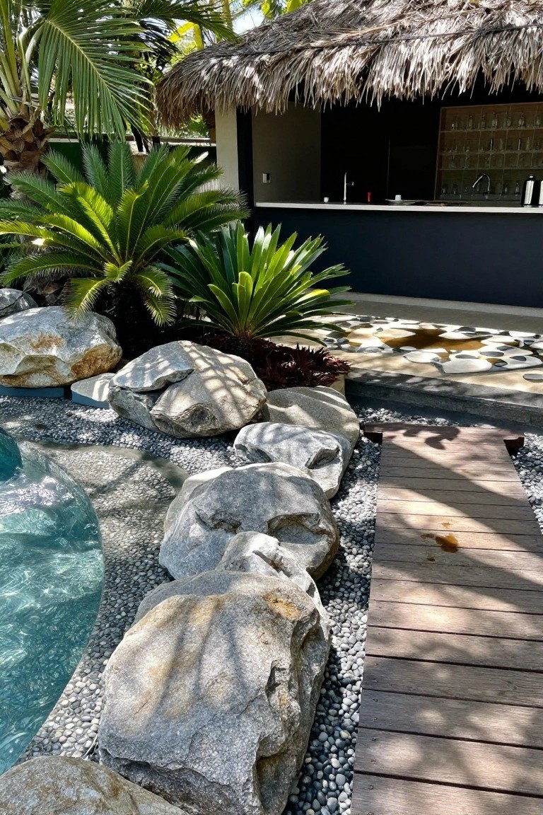 Tropical pool edged with large gray boulders and black river pebbles, featuring a wooden walkway bridge over the rocks, surrounded by palm plants and leading to a thatched-roof bar structure.