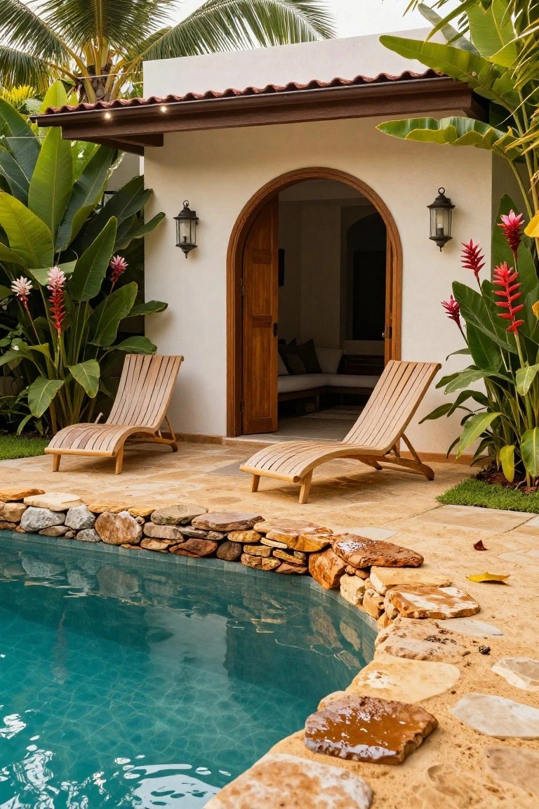 Turquoise pool with curved natural rock stone edging and adjacent tan stone tile patio holding two wooden chaise lounges, next to white stucco building with arched wooden door and tropical plants.