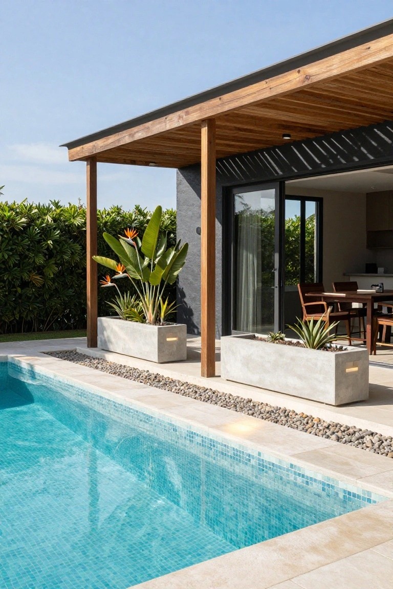 Wooden pergola-covered terrace adjacent to a turquoise mosaic-tiled infinity pool, with large concrete planters containing tropical plants like bird of paradise and agave, sliding glass doors to indoor kitchen and dining area, surrounded by greenery and pebble border.