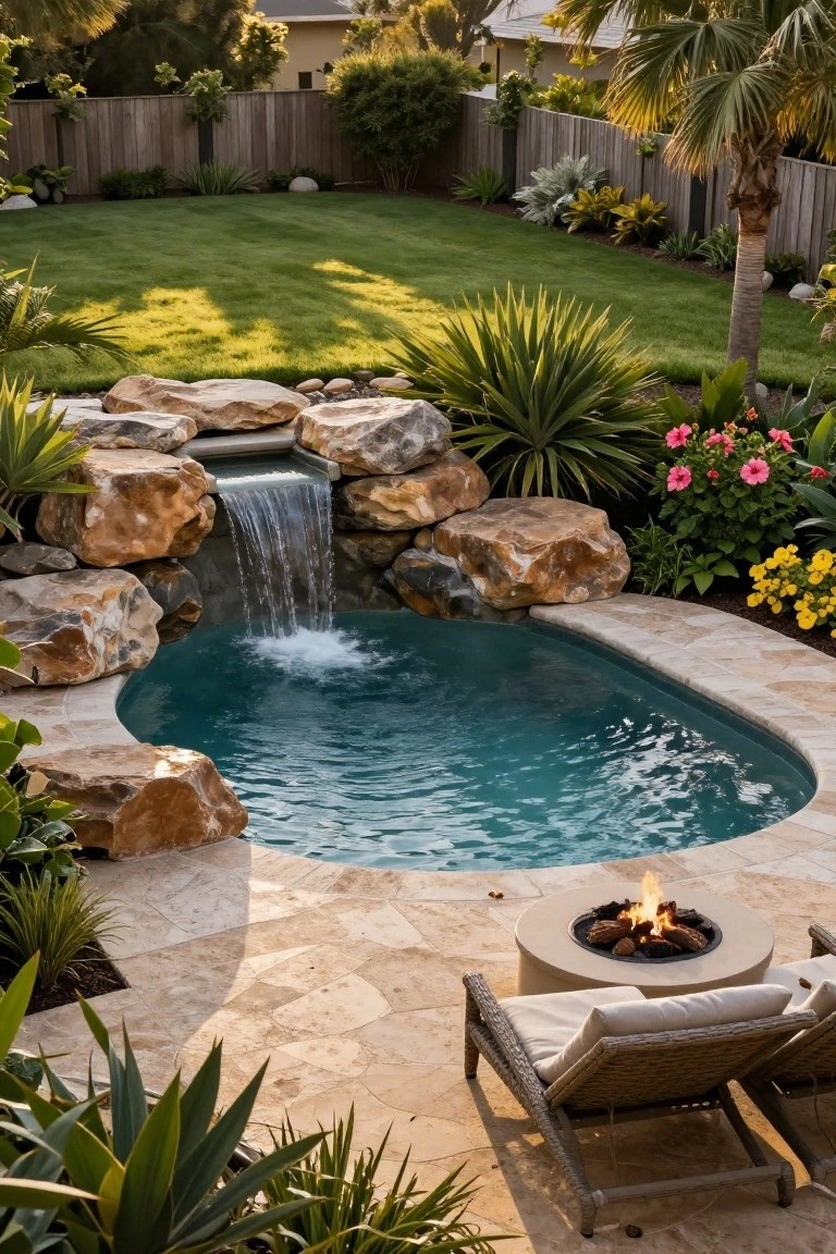 Oval turquoise plunge pool with stacked rock waterfall, surrounded by tropical plants, stone patio, fire pit, and lounge chairs in a backyard.