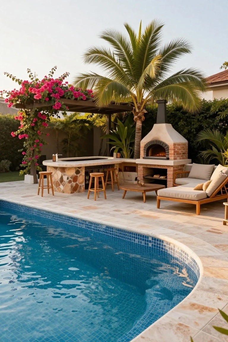 Curved stone bar with wooden stools beside a brick wood-fired pizza oven, lounge seating, palm trees, pink bougainvillea, and a blue mosaic-tiled pool in an outdoor tropical setting.