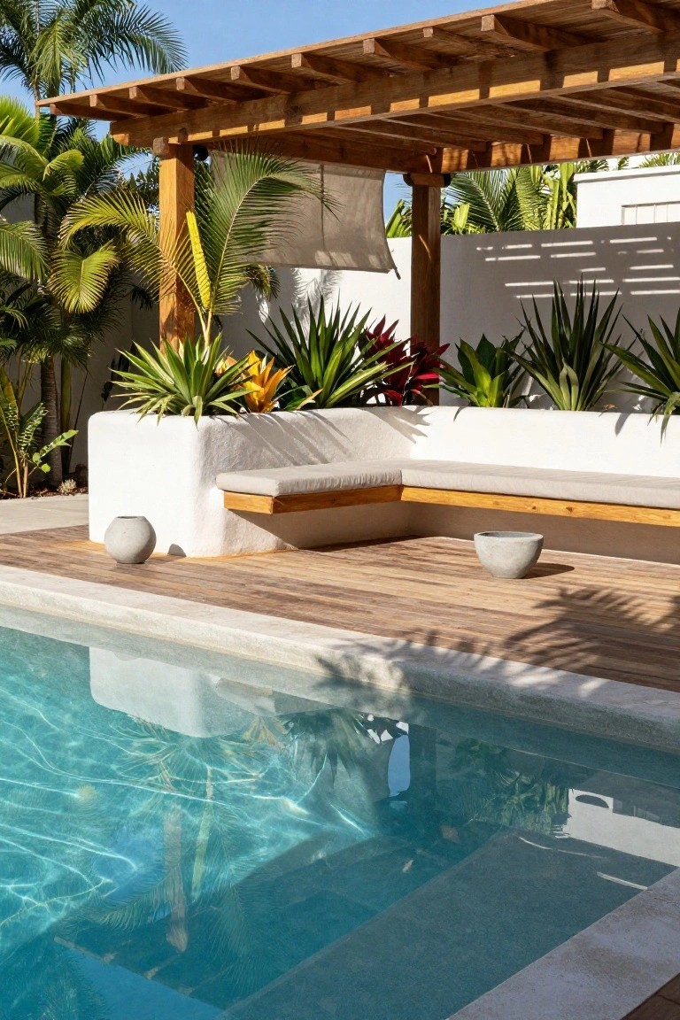Tropical pool area with wooden pergola over L-shaped built-in bench on wood deck beside infinity-edge pool, white stucco walls, potted plants including agaves and birds of paradise.