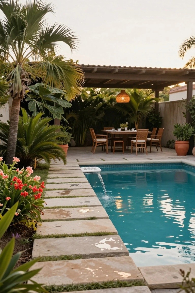 Outdoor dining table and chairs under a wooden pergola next to a turquoise pool with palm trees, ferns, and potted plants along stone pavers.