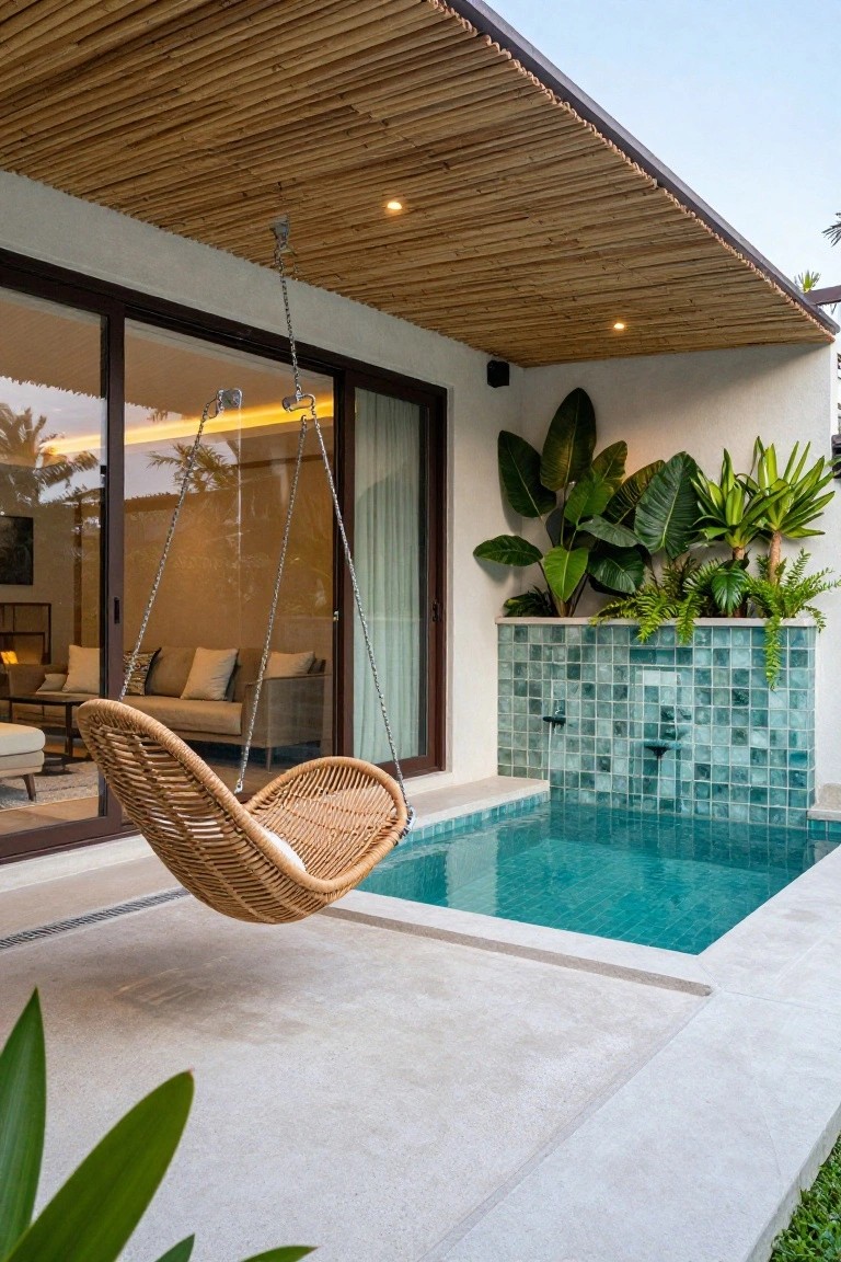 A hanging rattan swing chair suspended over the edge of a small turquoise-tiled pool, under a bamboo ceiling, with tropical plants, a water feature wall, and glass doors to an indoor living area.