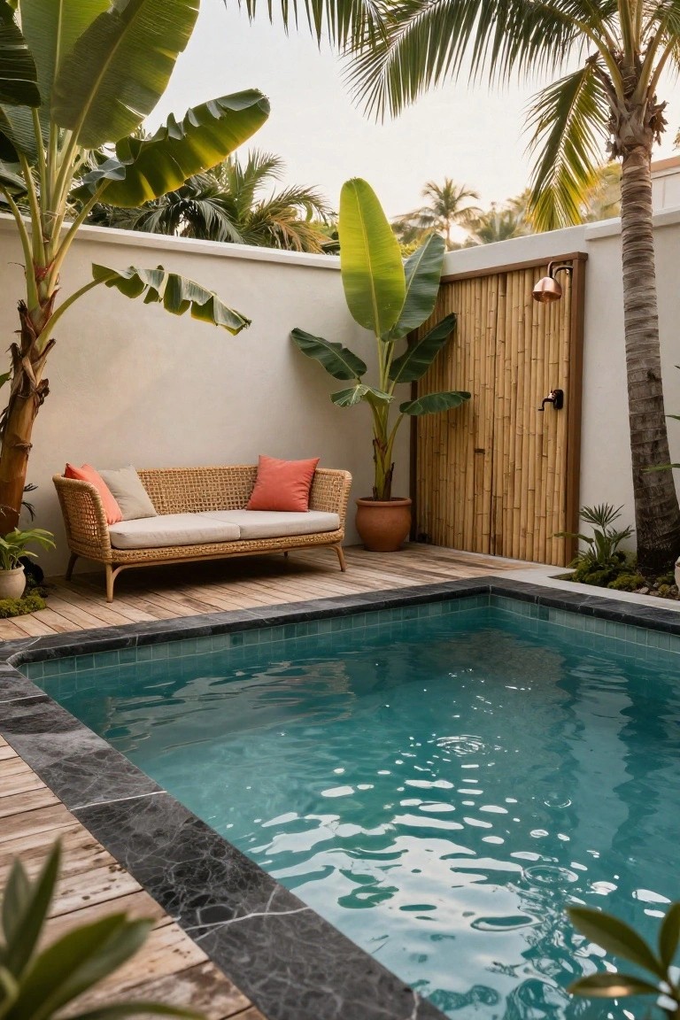 Small turquoise pool with black stone edging and wooden deck, beige woven rattan sofa with orange and beige cushions, surrounded by potted banana plants, palms, and a bamboo door on white walls.